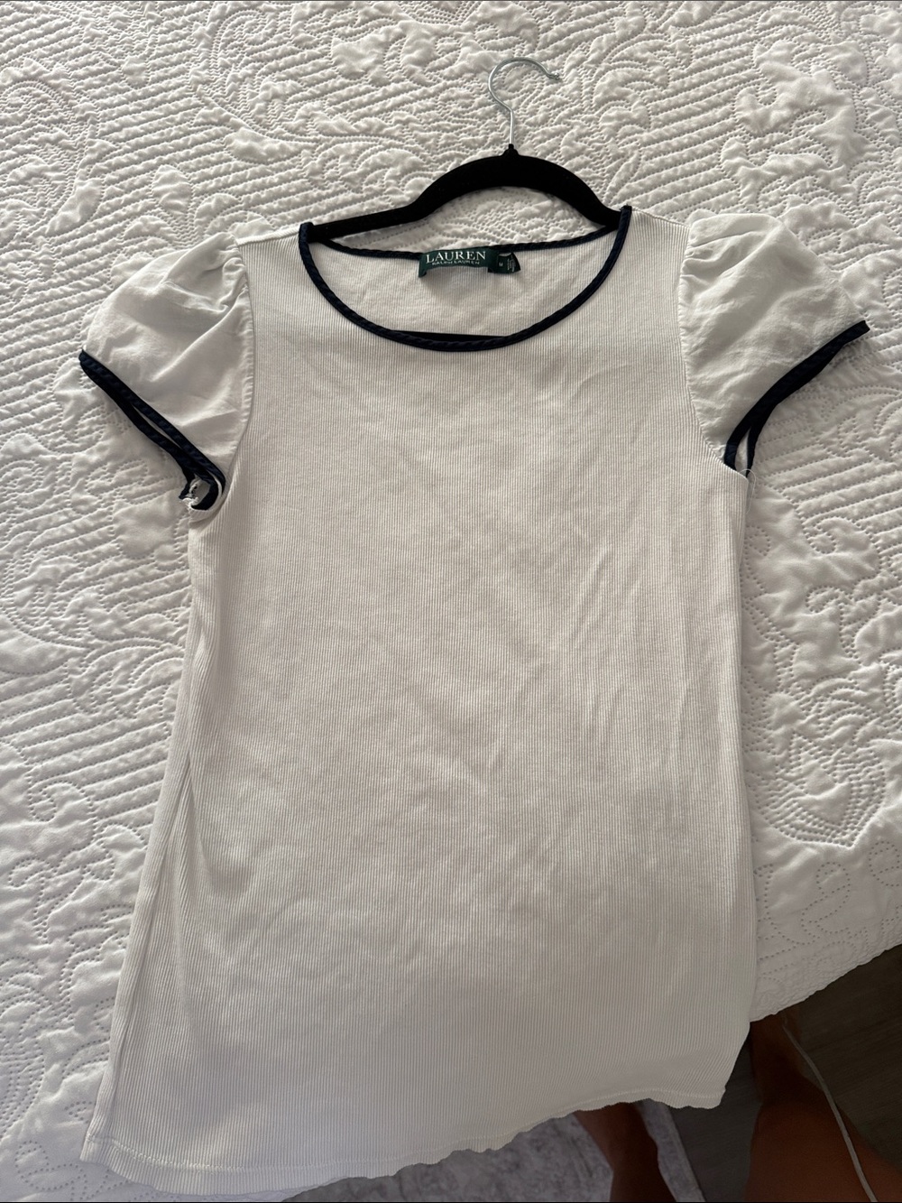 Lauren White Short Sleeve Tee with Navy Trim